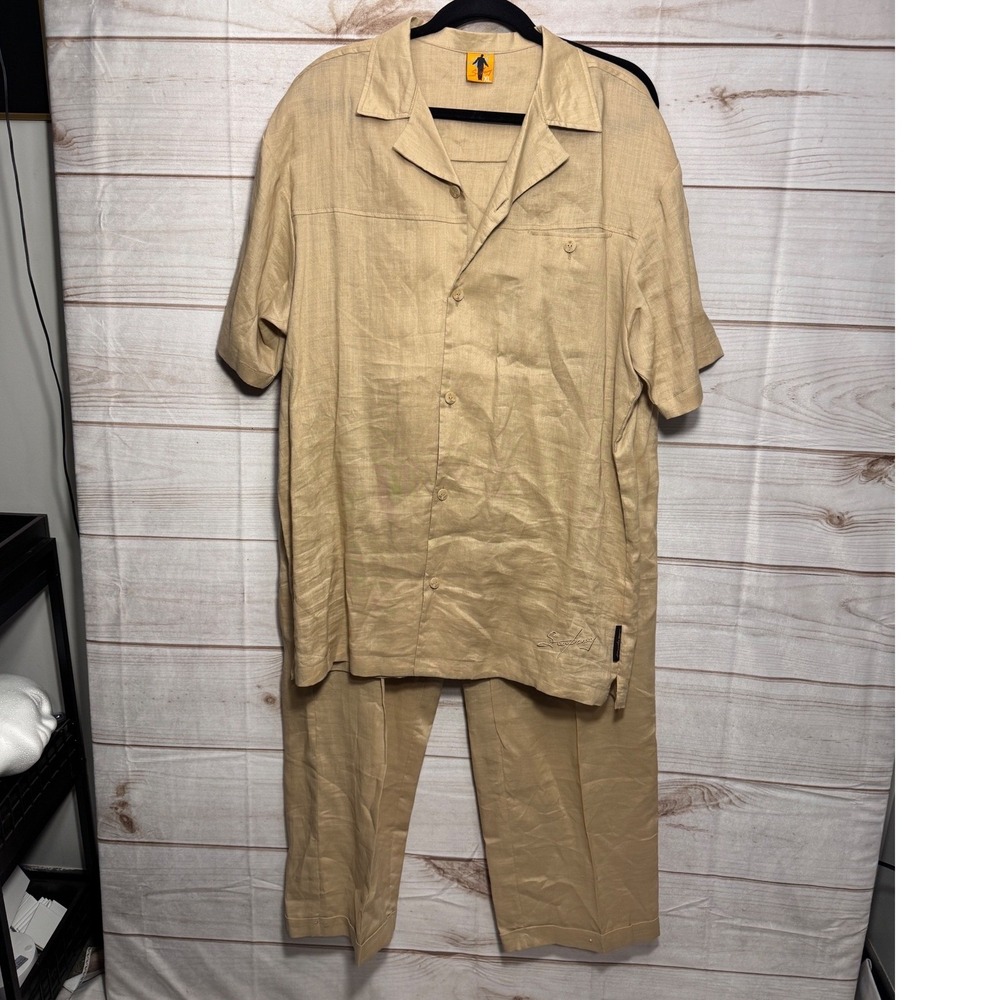 Steve Harvey Mens Linen 2 Piece Set Shirt and Pants Tan Khaki XL 38x32